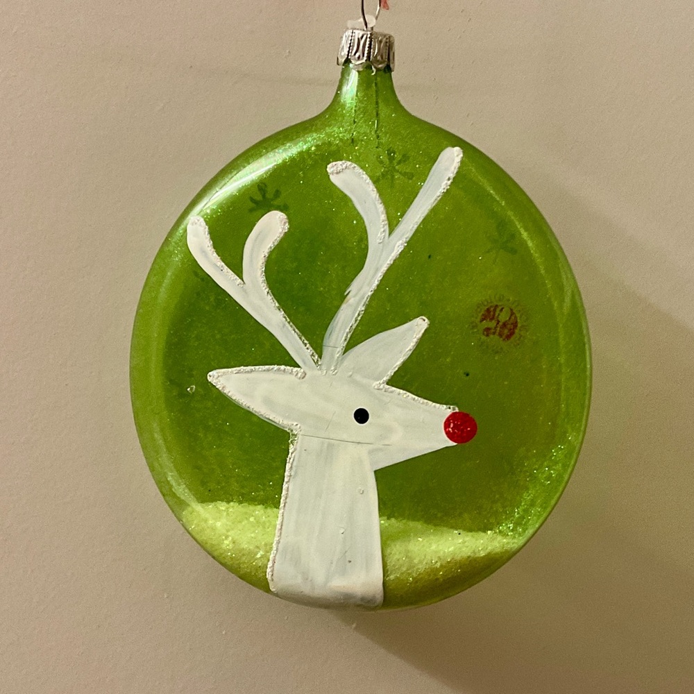 Hand Painted Reindeer on Mouth Blown Glass. Disc Bubble Shape. Made in Italy.